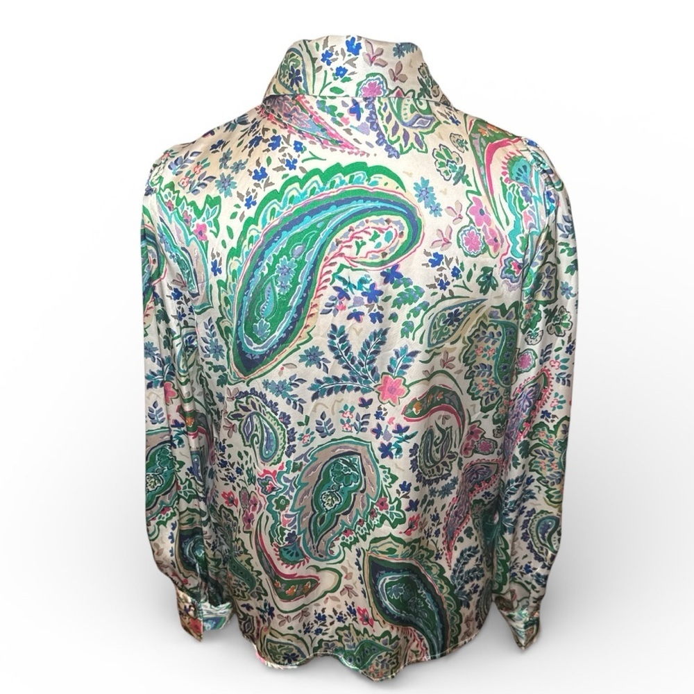 ZARA Paisley Print Satin Blouse Sz M Green Pink Boho Button Front - Picture 6 of 14
